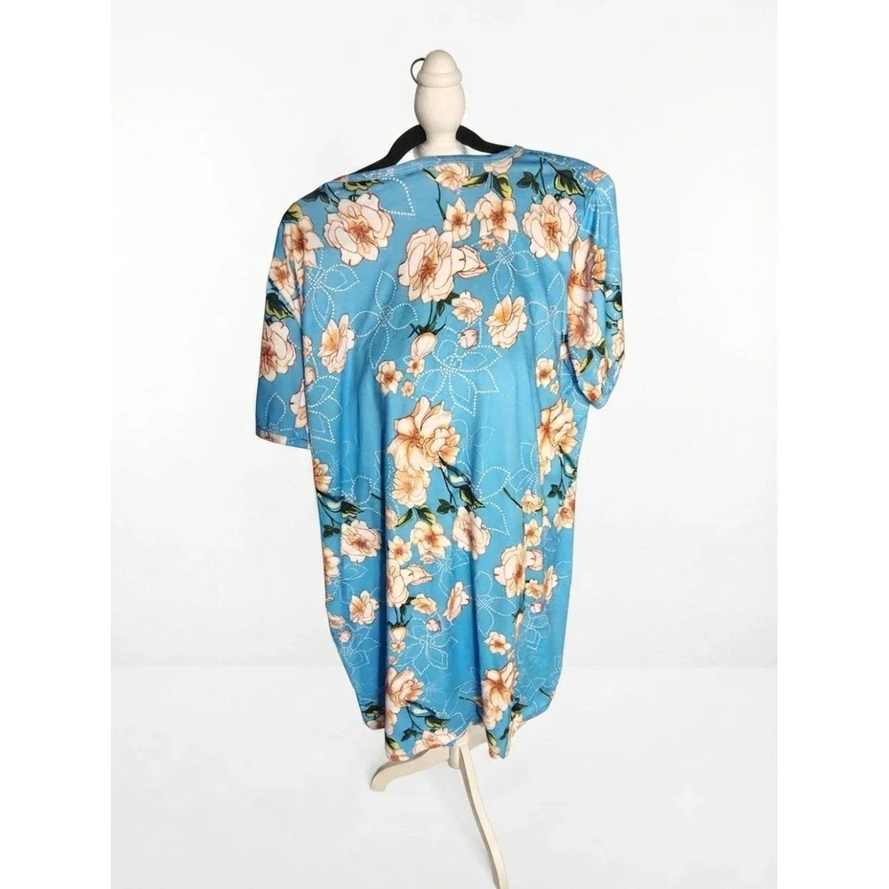 PrinStory Blue Floral Short Sleeve Pleated Empire Waist Tunic Top 3XL
